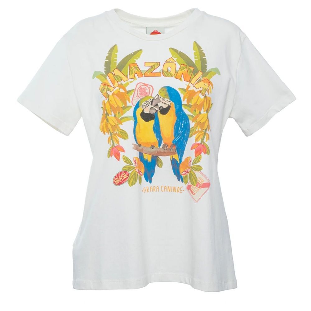 Farm Rio Womens Off White Amazonia Parrot Graphic T-Shirt tropical  Size Small